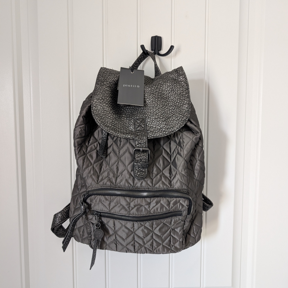 New W/Tags Pistil Quilted Black And Grey Backpack Purse